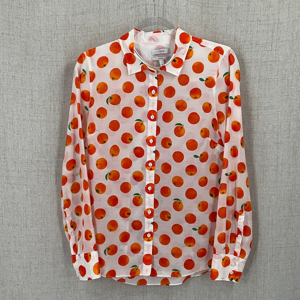 J.Crew Perfect Shirt Womens 6 Orange Citrus Fruit Print Button Up Whimsical Airy